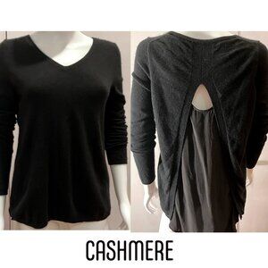 Quinn black cashmere layered-look LS sweater, split back w/ black silk, S